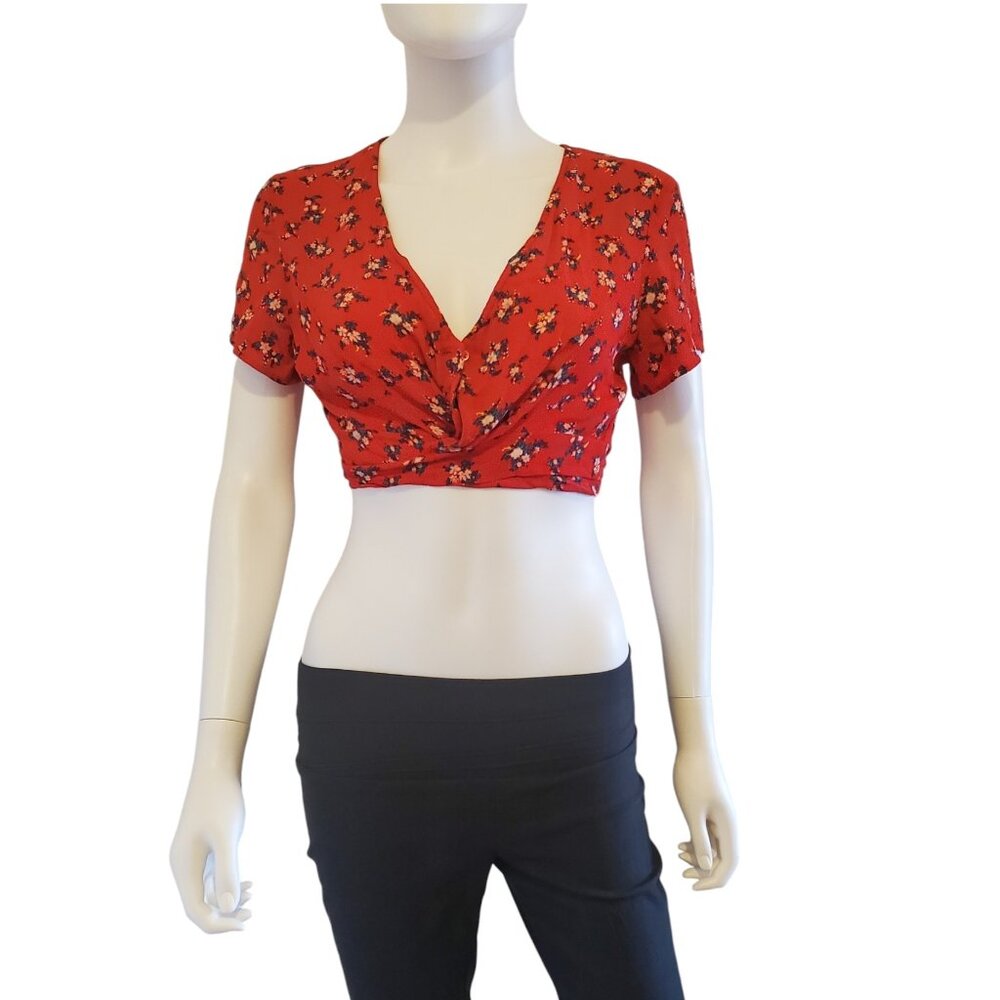 American Eagle Outfitters Red Wrap-Around Midriff Top With Floral Print